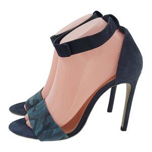 Won Hundred Blue Camo Ankle Strap Peep Toe Stiletto Heel Pumps Size 38 / US 8